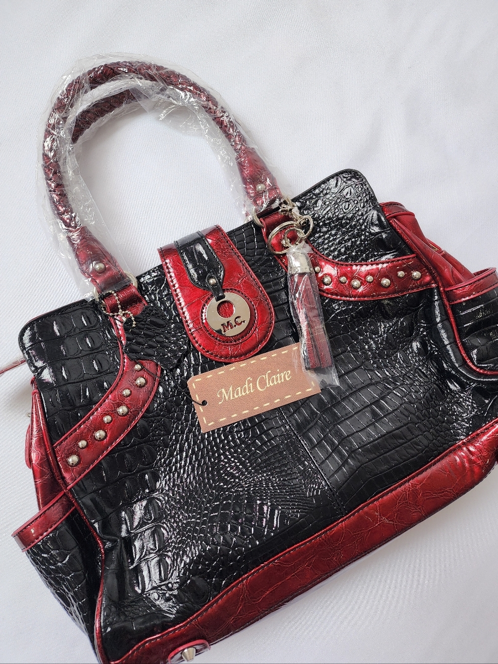 Madi Claire Genuine Leather Croc Embossed Purse Black Red NWT